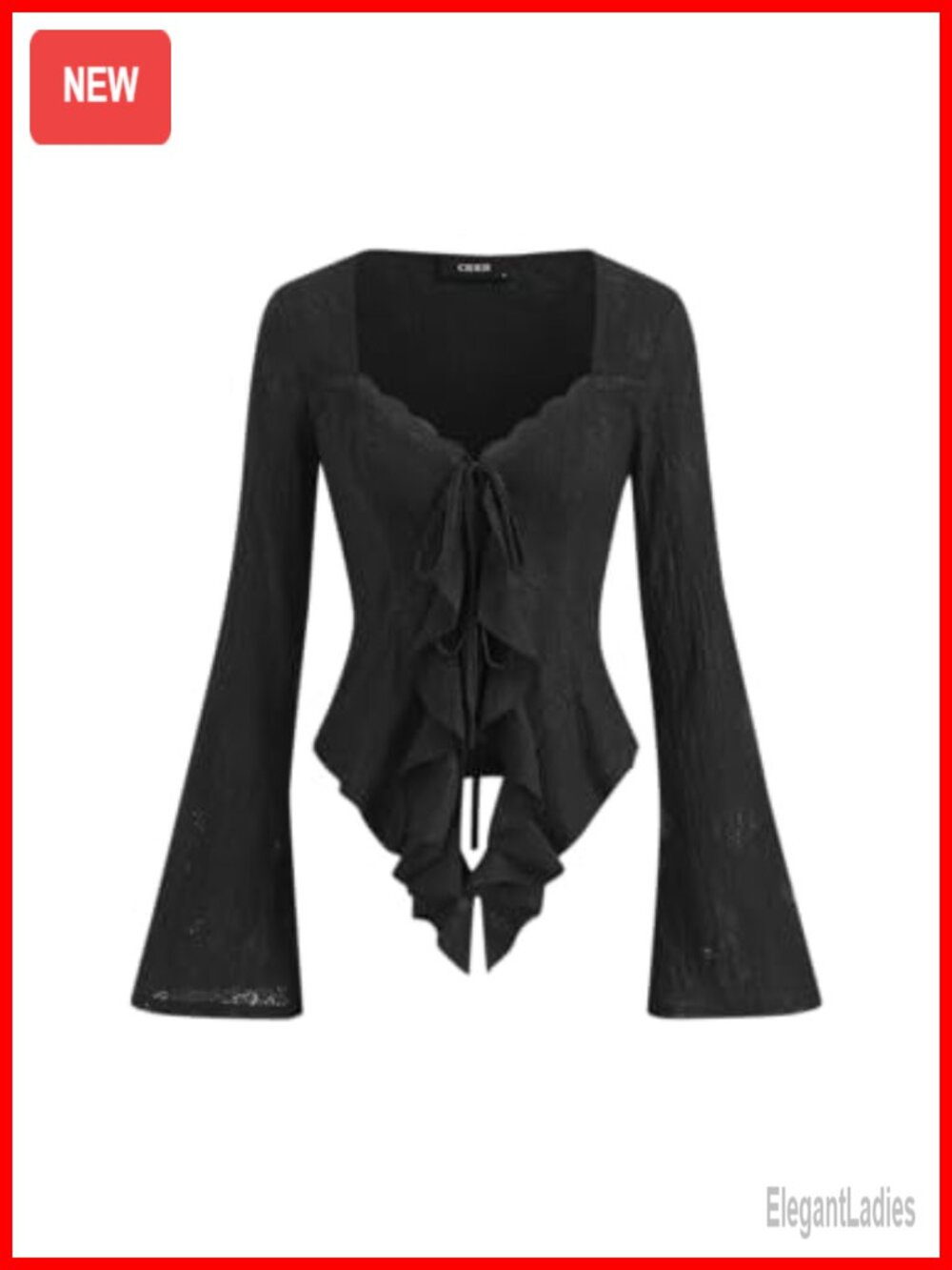 CIDER Women's Mesh Lace Long Sleeve Tie Front Top Y2K Going Out Peasant Blouse